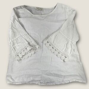 Terzo Millennio Blouse Top M White 100% Linen Made in Italy Bell Sleeve Crochet